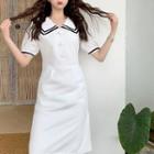 Color-block Short-sleeve Slim-fit Dress White - One Size