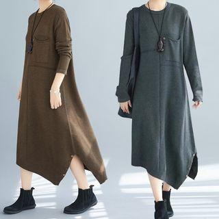 Long-sleeve Asymmetric Midi A-line Knit Dress