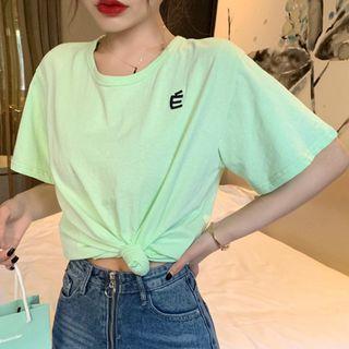 Elbow-sleeve Embroidered Letter Open Back T-shirt