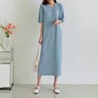 Elbow-sleeve Long Pleated Dress