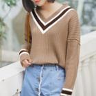 Contrast Trim V-neck Boxy Sweater Light Coffee - One Size