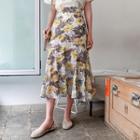 Ruffle-hem Floral Print Skirt Ivory - One Size