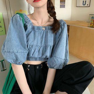 Balloon-sleeve Cropped Denim Blouse / Wide Leg Pants