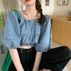 Balloon-sleeve Cropped Denim Blouse / Wide Leg Pants