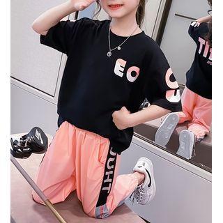 Set: Short-sleeve Lettering T-shirt + Contrast Trim Pants