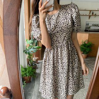 Puff-sleeve Leopard Dress Beige - One Size
