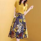 Set: Crew-neck Short-sleeve T-shirt + Leaf Print Midi A-line Skirt