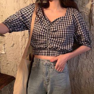 Short-sleeve Plaid Crop Top Crop Top - Plaid - Blue - One Size