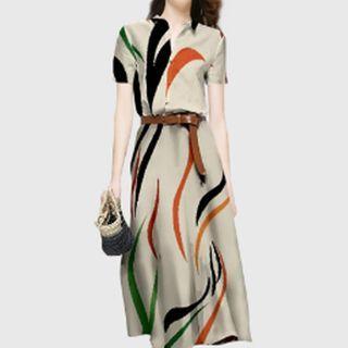 Set: Printed Short-sleeve Blouse + Midi A-line Skirt