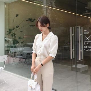 Notched-lapel Puff-sleeve Blouse