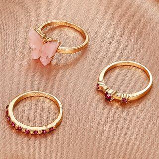 Set Of 3: Butterfly / Rhinestone Alloy Ring (various Designs) 01 - Set Of 3 Pcs - Gold - One Size