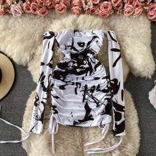 Off-shoulder Printed Drawstring Mini Dress