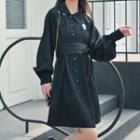 Embroidered Long-sleeve Collared Shift Dress