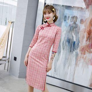 3/4-sleeve Plaid Midi Sheath Qipao Dress