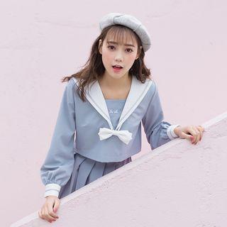 Set: Long-sleeve Sailor Collar Crop Top + Mini A-line Pleated Skirt