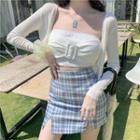 Light Cardigan / Buckled Tube Top / Plaid Mini Fitted Skirt