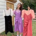 Balloon-sleeve T-shirt / Shirred Midi Pinafore Dress