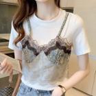 Short-sleeve Mock Two-piece Lace T-shirt
