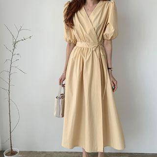 V-neck Puff-sleeve Maxi A-line Dress