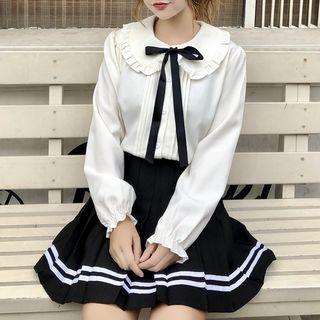 Pintuck Chiffon Blouse / Contrast Trim Mini Pleated Skirt