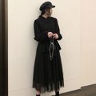 Irregular Shirred Blouse / Midi A-line Mesh Skirt