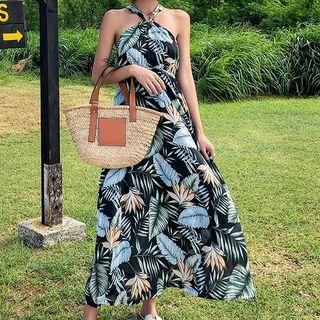 Halter Tropical Print Midi Dress
