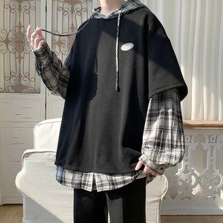 Mock Two-piece Logo Plaid Hoodie