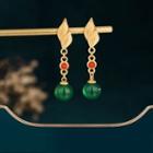 Gemstone Bead Agate Alloy Dangle Earring Cp602 - 1 Pair - Gold & Green - One Size
