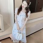 Balloon-sleeve Floral Print A-line Eyelet Lace Dress