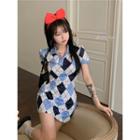 Short-sleeve Argyle Print Mini Polo Sheath Dress / Spaghetti Strap Mini Dress