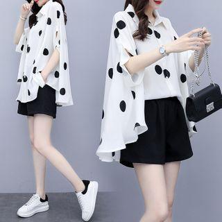 Set: Elbow-sleeve Dotted Shirt + Plain Shorts