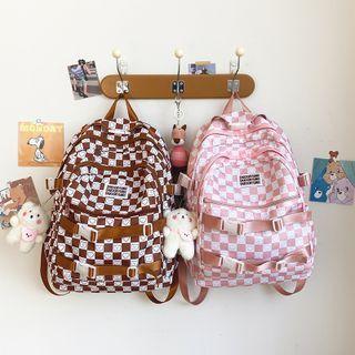 Checkerboard Buckled Lightweight Backpack / Plush Charm / Set
