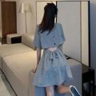 Plain Open-back Tie-waist Short Sleeve Dress