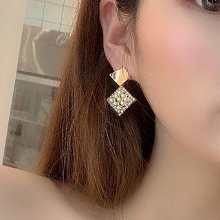 925 Sterling Silver Faux Pearl Rhinestone Square Dangle Earring 1 Pair - One Size