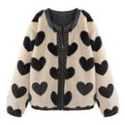 Heart Print Fleece Jacket Black Love Heart - White - One Size