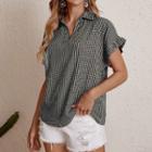 Short-sleeve V-neck Plaid Ruffle-trim T-shirt