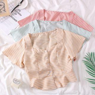 V-neck Checked Crop Shirt
