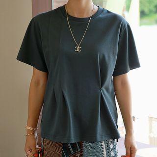 Round-neck Pintuck-trim T-shirt