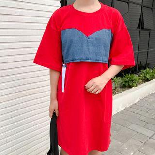 Short-sleeve Denim Panel T-shirt Dress