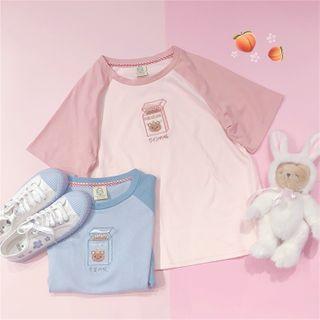 Cartoon Embroidered Raglan Short-sleeve T-shirt