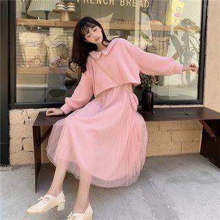 Set: Cropped Sweater + Mesh A-line Midi Dress + Crossbody Bag