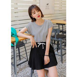 Plus Size Set: Cap-sleeve Striped Top + Skirt-layered Sweatshorts