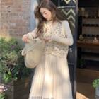 Long-sleeve Mesh Overlay Knit Midi A-line Dress / Button-up Sweater Vest