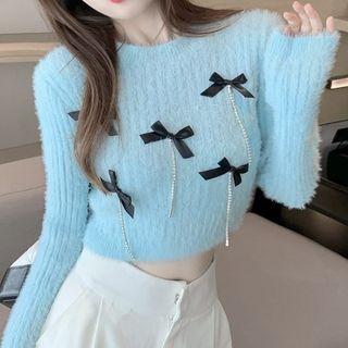 Bow Rhinestone Cropped Sweater