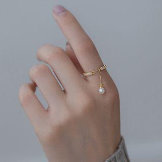 Rhinestone Dangle Ring Gold & White - One Size