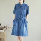 Denim Drawstring-waist Midi A-line Dress Blue - One Size