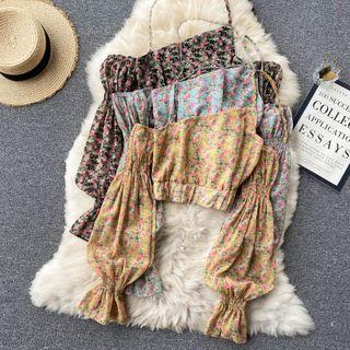 Puff-sleeve One-shoulder Floral Print Cropped Blouse