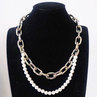 Faux Pearl Chain Layered Necklace White Faux Pearl - Silver - One Size