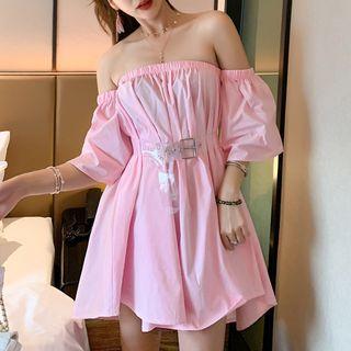 3/4-sleeve Off Shoulder Asymmetric A-line Mini Dress