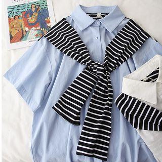 Mock Two-piece Short-sleeve Striped Panel Shirt / Dress
